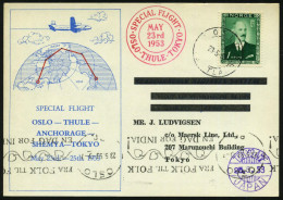 NORWEGEN 1953 (23.5.) Trans-Polar Erstflug: OSLO - THULE - TOKYO , Roter Flp.-2K: SPECIAL FLIGHT/OSLO - THULE - TOKYO, E - Arctic Expeditions