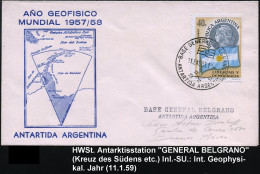 ARGENTINIEN 1959 (11.1.) 1K-HdN: BASE GENERAL BELGRANO/ ANTARTIDA ARGENTINA (Flagge, Sternbild "Kreuz Des Südens") + Abs - Expéditions Antarctiques