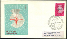 ARGENTINIEN 1959 (11.6.) SSt.: ARGENTINA/ANO GEOFISICO INTERNACIONAL Y ANTARTIDA (Robbe, Logo Int. Geophysikal. Jahr: Gl - Antarctic Expeditions