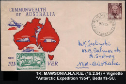 AUSTRALIEN 1954 (15.2.) 1K: MAWSON/A.N.A.R.E./AUST. ANTARCTIC TERR Auf EF 3 1/2 P. D.Collins + Grüne Vignette: ANTARCTIC - Antarctic Expeditions