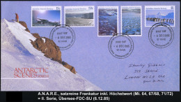 BRIT.ANTARKTIS 1985 (6.12.) Landschaften, 15 C., 33 C., 45 C., 90 C. U. 1 $ (1x Motiv Pinguine) 3x ET-SSt., Übersee-FDC- - Antarctic Expeditions
