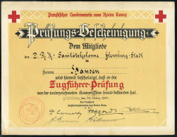 Flensburg 1936 (19.4.) Prüfungs-Bescheinigung, Preuß. Landesverein Vom Roten Kreuz (zweifarbig Rot/gelb) 2x Rotes Kreuz  - Rode Kruis