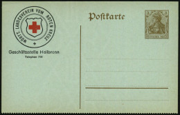 Heilbronn 1910 Amtl.P 3 Pf.Germania,  U N T E N   G E Z ä H N T  + Amtl. Zudruck: WÜRTT. LANDESVEREIN VOM ROTEN KREUZ =  - Croix-Rouge