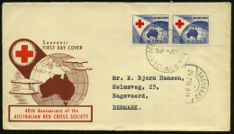 AUSTRALIEN 1954 (9.6.) 3 1/2 P. "40 Jahre Austral. Rotes Kreuz", Reine MeF: Paar , Bedarfs-Übersee-FDC-SU. (Mi.246 MeF)  - Red Cross