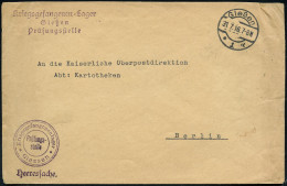 Gießen/ *1d 1916 (31.7.) 1K-Brücke + Viol. 3K-HdN: Kriegsgefangenenlager/Prüfungs-/stelle/Giessen (auch 1x Rs.)+ Desgl.  - Rode Kruis