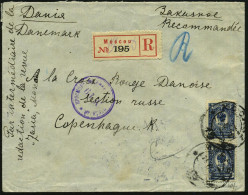 RUSSLAND 1916 (25.6.) 10 Kop. Freimarke, Blau, MeF = Paar, 2K + Gez. RZ: Moscou = Nur R-Gebühr Frankiert!, Viol. Zensur- - Red Cross