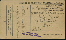 SÜDAFRIKA /  ITALIEN 1945 (8.3.) Kgf.-Vordr.-Kt.: ITALIAN PRISONERS OF WAR CAMP./UNION OF SOUTH AFRICA + Viol. Zensur-2L - Cruz Roja