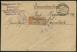 DEUTSCHES REICH 1918 (6.4.) 1K-Brücke: K. D. Feldpoststation/* Nr.308 * + Gez. RZ: Deutsche Feldpost/ 308 (rechte Ecke F - Medicine