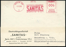 BERLIN NW/ 7/ ELECTRIZITÄTS-GESELLSCHAFT/ SANITAS 1938 (5.12.) AFS Francotyp (Kt. Links Reg.-Lochung Geschl.) Firmen-Fer - Médecine