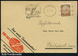 ILMENAU/ =521=/ Thermometer/ Breite/ Farbige/ Anzeige../ Mit Kühnlenz-/ Reinhardt-Röhre 1938 (20.4.) Freimarkenstempel M - Medicine