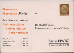Berlin NW 87 1935 (ca.) Reklame-PP 3 Pf. Hindenburg, Braun: Rheumasan.. Dr. Rudolf Reiss/Rheumasan- U. Lenicet-Fabrik ,  - Disease