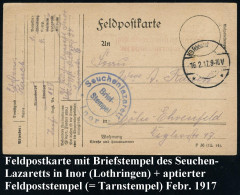 DEUTSCHES REICH 1917 (16.2.) Aptierte 1K-Brücke: K. D. Feldpost/* * (Tarnstempel) + Blauer 2K-HdN:  S E U C H E N L A Z  - Disease