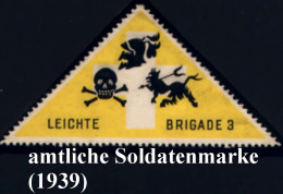 SCHWEIZ 1939 Dreieck-Soldatenmarke "Leichte Brigade 3" , Gelb/schw., Gez.: Ritter, T O D  (Totenschädel) & Knochen, Teuf - Medizin