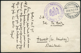 DEUTSCHES REICH 1915 (23.10.) 1K-Brücke: K. D. Feldpoststation/Et. Insp. 12. Armee + Viol. 2K-HdN: Königl. Preuss. Fahrb - Geneeskunde