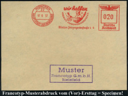 MÜNCHEN/ 22/ HDB/ Wir Helfen/ VEREINIGTE KRANKENVERSICHERUNGS AG.. 1937 (17.6.) AFS-Musterabdruck Francotyp "Reichsadler - Otros