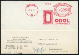 DRESDEN A/ 24/ ODOL/ LINGNER-WERKE 1931 (20.4.) AFS Francotyp 008 Pf. = Odol-Mundwasserflasche Klar Auf Firmen-Kt.: LING - Medizin