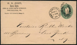 U.S.A. 1889 (11.3.) PU 2 C. Washington, Braunrot: H.D. JUSTI, Dental Depot..  PHILADELPHIA, PA , Sauber Gest. Inl.-Bf.,  - Medicine