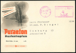BAD GODESBERG/ K/ DEUTSCHE POST 1952 (28,2,) Lila PFS "Posthorn" Auf Zweifarbiger Künstler-Reklame-Kt.: Puraeton Hustent - Pharmacy