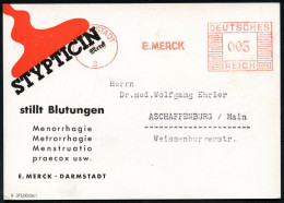 DARMSTADT/ 2/ E.MERCK 1936 (4.4.) AFS Francotyp Auf Zweifarbiger Reklame-Kt.: STYPTICIN Stillt Blutungen.., Rs. Eumenol  - Pharmacy