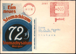 WERNIGERODE/  Ysatfabrik 1933 (22.2.) AFS Francotyp "Mäanderrechteck" Klar Auf Dekorativer Color-Reklame-Kt.: Stomachicu - Medicine