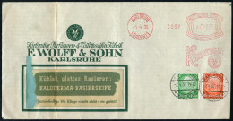 KARLSRUHE/ (BADEN) 1/ KALODERMA 1936 (1.4.) AFS 12 Pf. + Zusatz-Frankatur 5 Pf. U. 8 Pf. Hindenbg. Mit Firmen-Lochung: " - Gebraucht