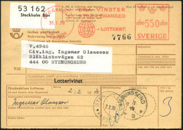 SCHWEDEN 1970 (30.1.) AFS: STOCKHOLM/LIC.7885/BRA VINSTER/STORA CHANSER/IOGT-LOTTERIET (Logo IOGT) = I.O.G.T.-Lotterie D - Drogen