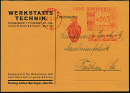 BERLIN W/ 9/ ALLE ZEIT WACH/ 1842/ Julius Springer/ Verlagsbuchhandlung 1933 (16.3.) AFS Francotyp "Mäanderrechteck" Mit - Schach