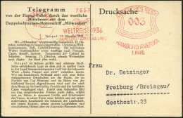 HAMBURG/ 1/ WELTREISE 1936/ 12.JANUAR-26.MAI/ HAMBURG-AMERIKA LINIE 1935 (14.10.) Seltener AFS Francotyp (2 Globen) Auf  - Schiffahrt