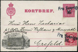 SCHWEDEN 1897 (21.11.) Privat-Reklame-Kartenbf. 10 Ö. Rot: HOTEL KRAMER/MALMÖ + Zusatzfrankat. 10 Ö. (Mi.43) 2x Schw. 2L - Marittimi