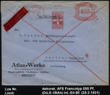 BREMEN/ 1/ ATLAS/ WERKE 1931 (25.2.) AFS Francotyp 055 Pf. = Schiffsschraube , Firmen-Bf.:  Atlas-Werke AG, = Schiffbau, - Schiffahrt