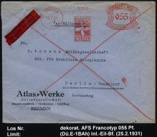 BREMEN/ 1/ ATLAS/ WERKE 1931 (25.2.) AFS Francotyp 055 Pf. = Schiffsschraube , Firmen-Bf.:  Atlas-Werke AG, = Schiffbau, - Maritime