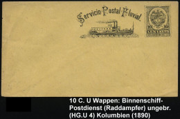 KOLUMBIEN 1890 10 C. U Wappen, Schw./ Gelb: Servicio Postal Fluvial = Post-Raddampfer , Ungebr. (HG.U 4) - BINNENSCHIFFA - Marittimi