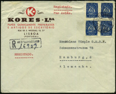 PORTUGAL 1951 (9.8.) 2,00 E. Karavelle (15. Jhdt.) Reine MeF: 4er-Block , Zentr. Klar Gest. + R-Stempel: RESTAURADORES ( - Maritime