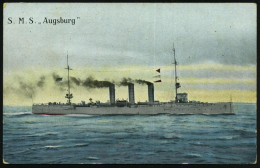 DEUTSCHES REICH 1915 (30.11.) Color-Feldpost-Ak.: S.M.S. Augsburg = Marine-Schiffspost No. 2 , 1K-Steg: BREKLUM/(Kr. HUS - Maritime