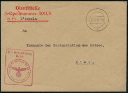 DEUTSCHES REICH 1939 (21.11.) Stummer 2K-Steg = Tarnstempel + Viol. Ra.: FdAR/ ..Fp. Nr. 00105 + Roter 3L: Dienststelle/ - Maritime