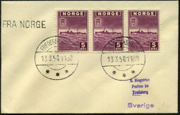 NORWEGEN /  SCHWEDEN 1950 (13.3.) 5 Öre Zerstörer "Sleipner", 3er-Streifen , 2x 1K: FREDERIKSHAVN + 1L: FRA NORGE , Deko - Marítimo