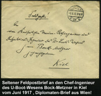 BERLIN W/ *10* 1917 (1.6.) 1K-Steg Auf Ausl.-Diplomaten-Bf. Der Deutschen Botschaft Wien , Rs. Sehr Dekoratives, Vollstä - Sous-marins