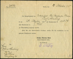Berlin 1918 (29.10.) Dokument Des Reichs-Marine-Amtes Zum Kriegssterbefall Des "Unterseeboot Ober-Maschinisten" (gefalte - Submarines