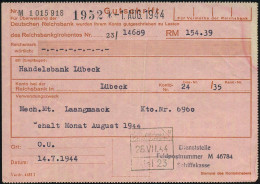 Lübeck 1944 (14.7.) Blauer 3L: ..Feldpostnr. M 46784/Schiffskasse = 29. U-Boot-Flottille Auf Rosa Reichsbank-Gutschrift- - Submarines