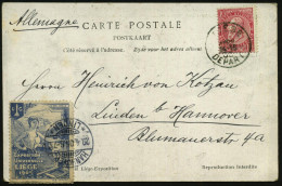BELGIEN 1905 (Apr.) 1K: LIEGE/DEPART + Blaue Reklame-Vignette: EXPOS. UNIVERSELLE LIEGE 1905 (Frau An Kohle-Lore) Ankunf - Autres & Non Classés