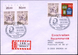 1000 BERLIN 12/ 500 JAHRE POST/ Tag Der/ Briefmarke.. 1990 (28.10.) SSt = Heinr. V.Stephan 2x Auf 50 Pf. UPU + 3x 100 Pf - UPU (Universal Postal Union)