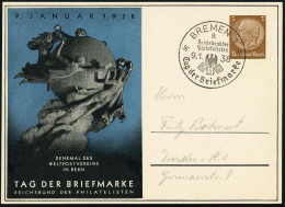 BREMEN 1/ A/ ..Tag Der Briefmarke 1938 (9.1.) SSt Auf PP 3 Pf. Hindenbg. , Braun: TAG DER BRIEFMARKE = UPU-Denkmal Bern, - UPU (Union Postale Universelle)