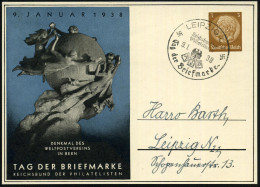 LEIPZIG 1/ RdPh/ Tag Der Briefmarke 1938 (9.1.) SSt Auf PP 3 Pf. Hindenbg., Braun: TAG DER BRIEFMARKE.. = UPU-Denkmal  B - WPV (Weltpostverein)