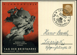 LEIPZIG 1/ RdPh/ Tag Der Briefmarke 1938 (9.1.) SSt Auf 3 Pf. Hindenbg., Braun: TAG DER BRIEFMARKE.. = UPU-Denkmal  R O  - UPU (Union Postale Universelle)