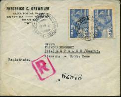 BRASILIEN 1950 (6.3.) 1,50 Cr. "75 Jahre UPU", Reine MeF: 2 Stück + Roter R-Stempel + Paginiernr. (ohne Ort = Curitiba), - UPU (Union Postale Universelle)