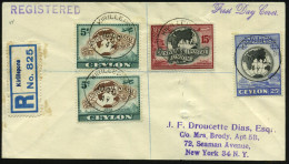 CEYLON 1949 (10.10.) "75 Jahre UPU", Kompl. Satz (Globus) 5 C. 2x + Blauer RZ: Krillepone (Leimfleckchen), Übersee-R-FDC - UPU (Union Postale Universelle)