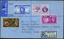 GROSSBRITANNIEN 1949 (10.10.) "75 Jahre UPU", Kompl. Satz + Blauer RZ: LONDON, S.W. 2, Bedarfs-Übersee-Flp.-FDC (rs. Kl. - UPU (Universal Postal Union)