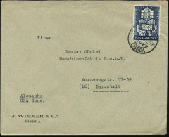 PORTUGAL 1950 (17.1.) 2 E. "75 Jahre UPU", EF (2 Hände M. Brief) Klar Gest. Ausl.-Firmen-Bf. (Mi.741 EF) - WELTPOSTVEREI - WPV (Weltpostverein)