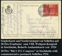 SCHWEDEN 1924 (24.7.) SSt.: SOLLEFTEA/ CONGRES POSTAL UNIVERSEL Auf EF 20 Öre "8. U.P.U.-Kongreß" , Klar Gest. Bedarfs-A - UPU (Unión Postal Universal)