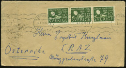 SCHWEDEN 1950 (6.1.) 10 Öre "75 Jahre UPU", Reine MeF: Horizontaler 3er-Streifen , Sauber Gest.(Göteborg) Ausl.-Bf., Rs. - UPU (Union Postale Universelle)